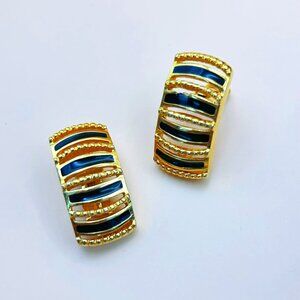 Vintage 1980s Piscitelli Clip-On Earrings, Gold Tone with Black Enamel Stripes